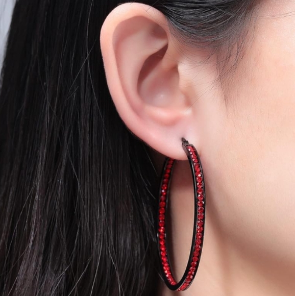 Black Metal Bright Red Crystal Channel Hoops Rhinestone Hoop Earrings Sparkling - Picture 5 of 6